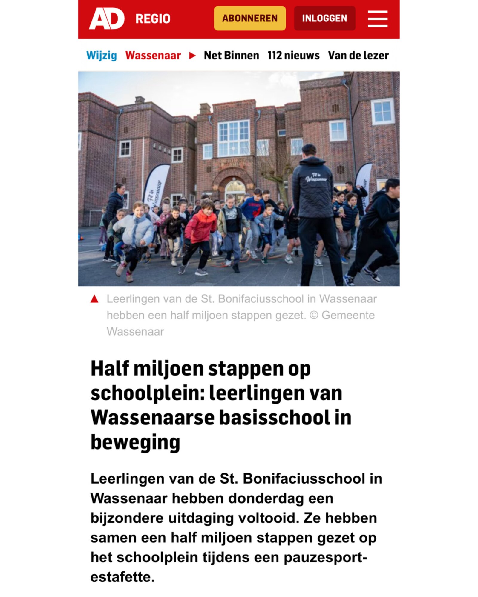 AD Regio Wassenaar artikel: half miljoen stappen op schoolplein